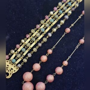 Pink glass Czech necklace & multistrand multicolor vtg bracelet jewelry lot